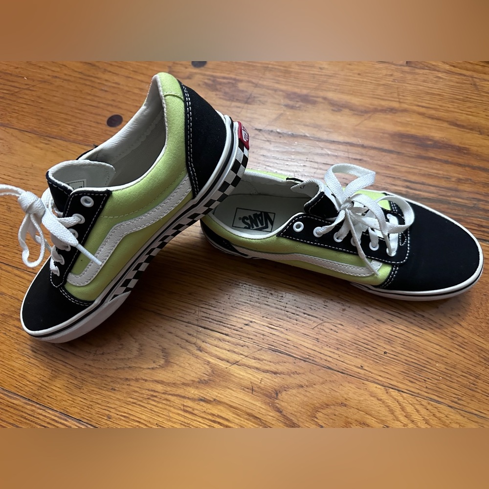 Lime green and black and white checkerboard vans